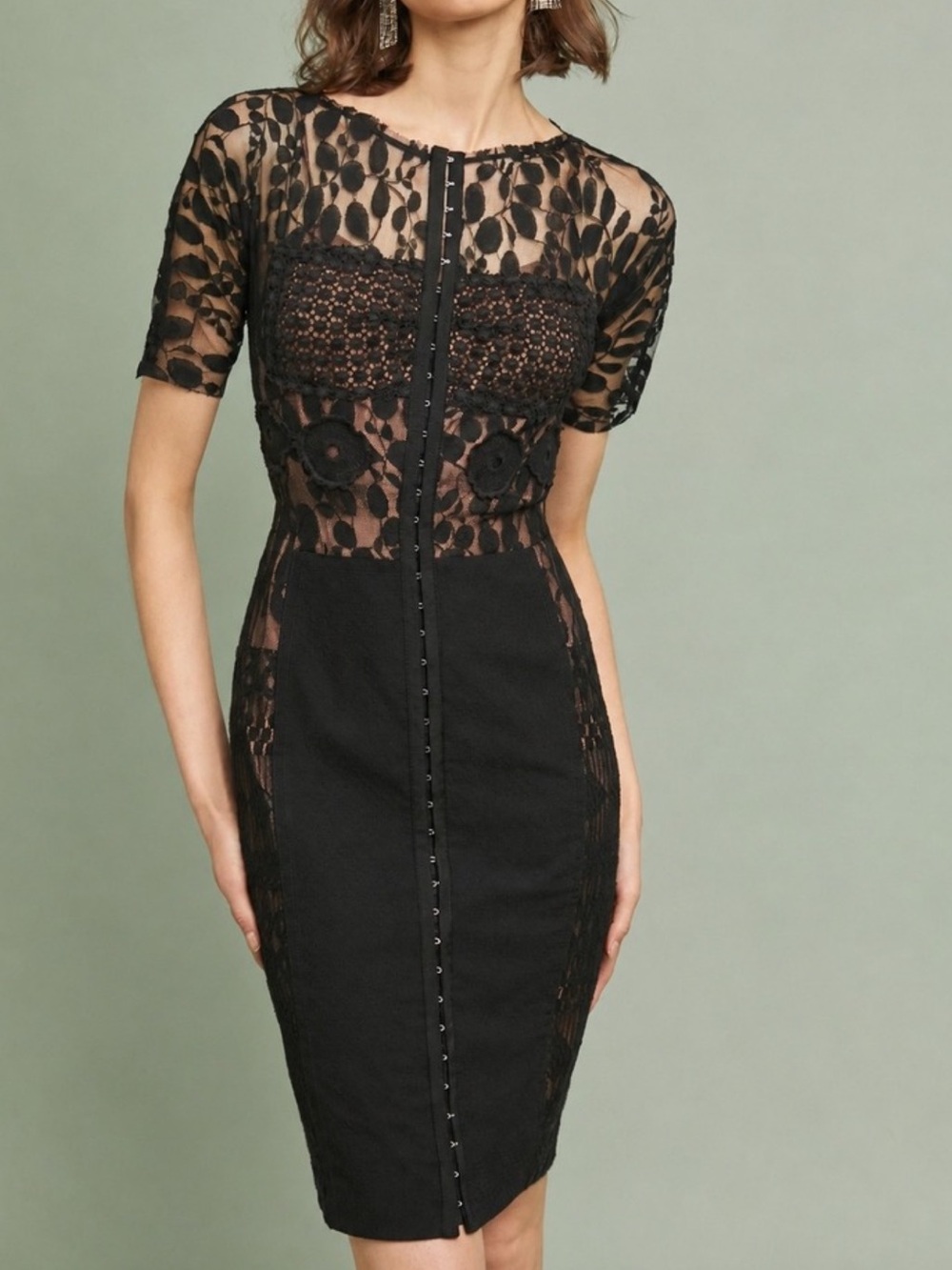 Anthropologie Byron Lars Black Lace and Nude-Underlay Midi Dress